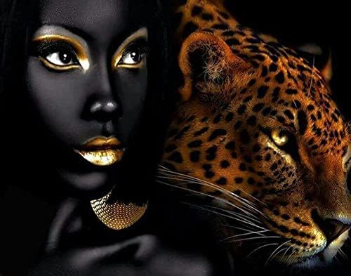 Комплект за диамант живопис 5D Пълна Диамантена живопис по Номера за Възрастни, Африканска Черна Момиче, Леопард,