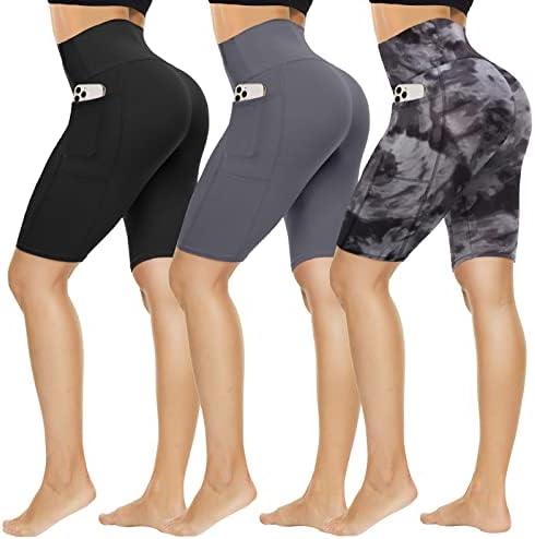 QGGQDD 3 опаковки Байкерских къси Женски с джобове - 8 Черни къси Панталони за йога с висока талия За тренировки