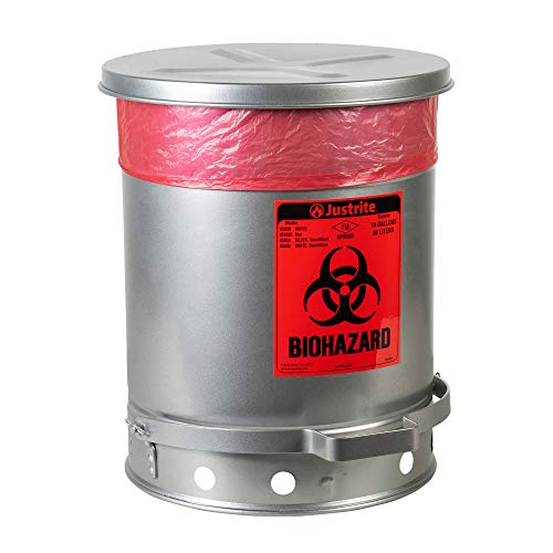Justrite 05934 Стомана контейнер за биологично опасни отпадъци SoundGuard с крак капака, с капацитет 10 Литра, диаметър 13-15
