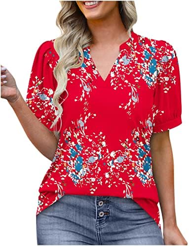 Блузи с Флорални Принтом за жени, Дамски тениски с V-образно деколте, Летни Ежедневни Ризи с ръкави-Мехурчета, Графични