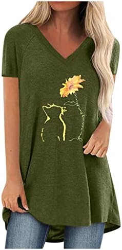 Блуза, Риза за Жени С Къс ръкав 2023 Vneck Памук Sun Котка на Слънчогледа Цветен Графичен Kawaii Brunch Tee X4