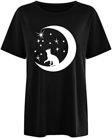 Жените Риза Оверсайз с Къс Ръкав и Кръгло деколте, Тениски с изображение на Слънцето и Луната, Свободни Ежедневни