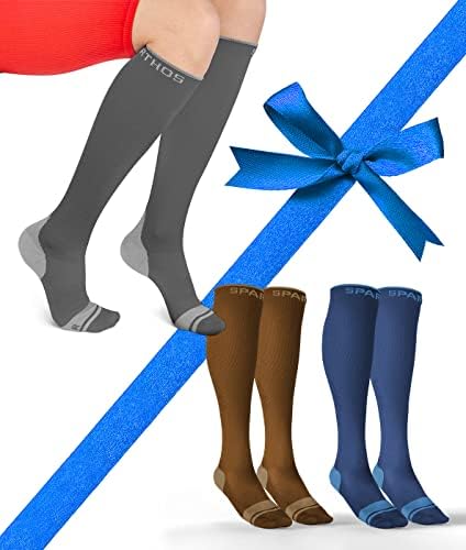 Компресия чорапи Sparthos (20-30 мм hg.ст.) Комплект от 3 [- Голям Размер/XL] - Сиво-стомана + Кафяво-планински + Кобальтово-син