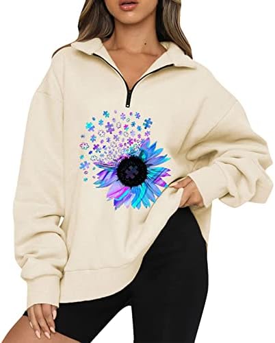 KUAILEYA четвърт светкавица пуловер жени, женски печат големи половината от мълния пуловер hoody с дълъг ръкав четвърт с цип,