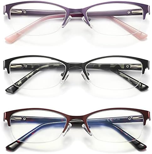 HOTJOJO 3 опаковки Очила за четене за жени, нападение от синя светлина, Метална Овална Полукадровая дамски рамки за четене, стъкло с пружинным тръба на шарнирна връзка,