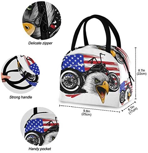 Случайна чанта за обяд Дамски - Мотоциклетът Eagle американския Флаг Големи Запечатани Кутии за Обяд с плечевыми ремъци за