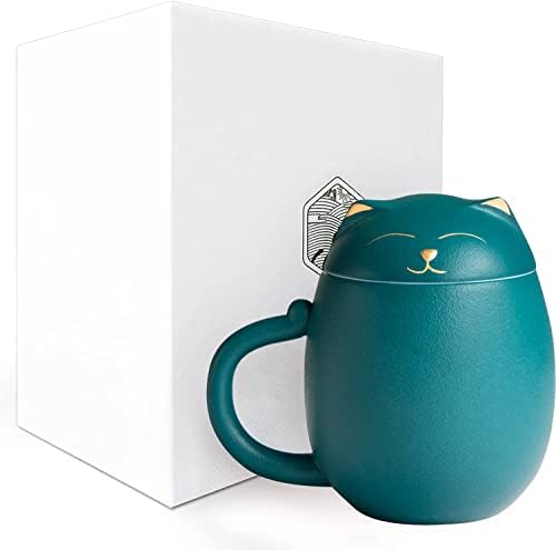 Liywall - Керамични Чаена Чаша с приготвяне на чай и капак, Цедка за една чаена чаша Ръчна изработка с Фигура на Котка
