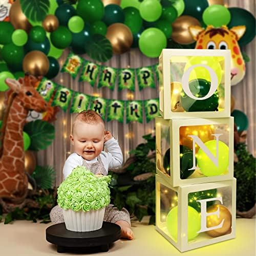 Кутии с балони за Първия Рожден Ден, Буква O N,E, Кутии с балони с 3 * 20 светодиода, Венец и 24 Зелени и Златни