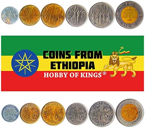 6 Монети от Етиопия | Набор от етиопски монети Колекция 1 5 10 25 50 Сантима 1 Бирр | В обращение 1977-2020 |
