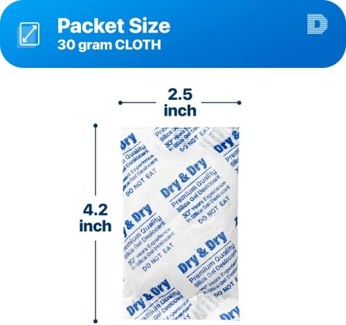 Dry & Dry 30 Грама [10 x] Пакети със силикагел премиум-клас, Пакети за отводняване, Изсушаване на въздуха - Акумулаторни