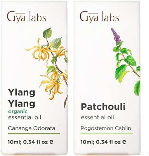 Органично Етерично масло от Иланг-иланг за кожата и Етерично масло от Пачули за дифузьор - Набор от етерични масла чисто терапевтичен клас - 2x10 мл - Gya Labs