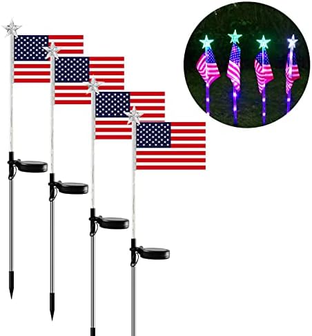 HHUI 4 юли Украса Слънчев Американски Флаг Осветява Тревата, Градински Брой, Пътен лампа Ден на Независимостта (звезда променящ се цвят - 4 бр.)