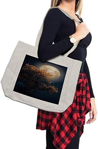 Чанта за пазаруване Ambesonne Moon, Ретро-Дърво с елементи на Распускающихся жълти цветове от Галактиката на Млечния Път, Дългогодишна