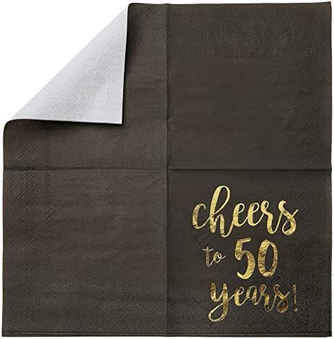 50 опаковки коктейлни салфетки Наздраве to 50 Years за честването на 50-та годишнина, юбилей, 3 пласта, черно злато фолио (5 х 5 инча)