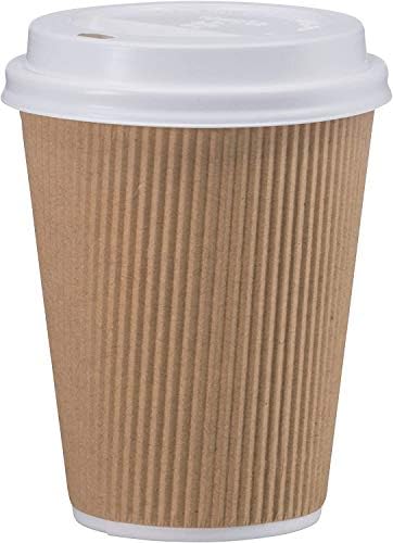 Набор от NYHI от 150 Кафяви еднократна употреба хартиени чаши с бели капаци (6 унции) | Ripple Insulated Kraft за топли напитки