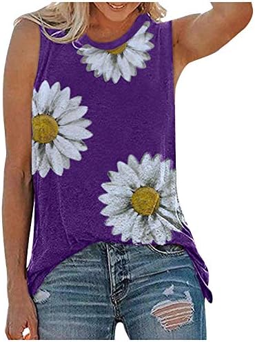 Ежедневни Дамски Риза с Флорална Принтом, Големи Размери, Тениски Свободно Намаляване Без Ръкави, Лятна Модна Блуза с Кръгло