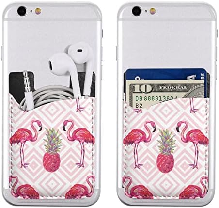 Държач за карти за мобилен телефон с розово фламинго и ананас, Кожена паста за портфейла за мобилен телефон, Еластичен държач