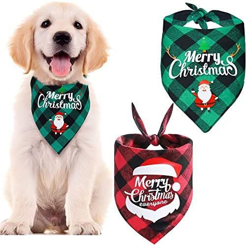 Коледни Кърпи за Кучета, 2 опаковки Мек Шал-Кърпи за кучета в клетката цвят Бизон с Принтом Весела Коледа Дядо Снежен