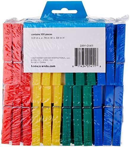 Цветни пластмасови клечки за дрехи, за бельо Honey-Can-Do, 100 броя в опаковка, на СУХО-01376 Дървени клечки за дрехи с пружина,
