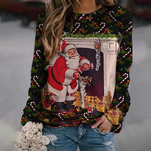 NDVYXX Грозен Коледен Пуловер за Жени, Красиви Ризи с дълги Ръкави и Принтом, Есенни Блузи с кръгло деколте Размер Оверсайз за Коледа