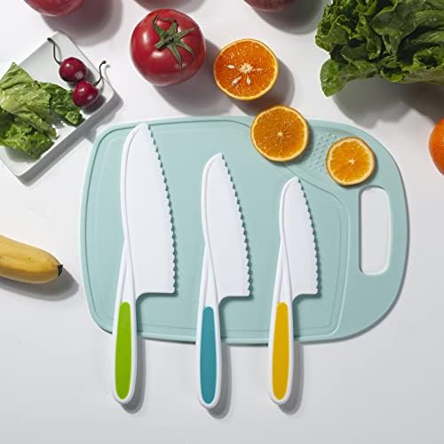 Комплект детски ножове MOTYAWN от 3 теми - Здрава хватка, Безопасни назъбени ръбове – Разноцветни Найлонови ножове за приготвяне