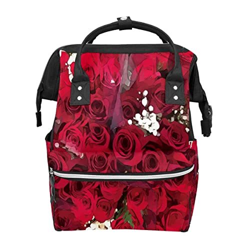 Чанта за Памперси Букет Цветя Червена Роза Акварел Голям Капацитет Пътен Раница Раница