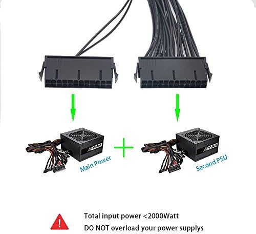 [Изключителен Mega1Comp] Кабел-сплитер с два блока на захранване в продължение на 24-контакт (20 + 4) адаптер за майнинга на дънната платка ATX 12 инча (30 см) (24-пинов кабел-адапт