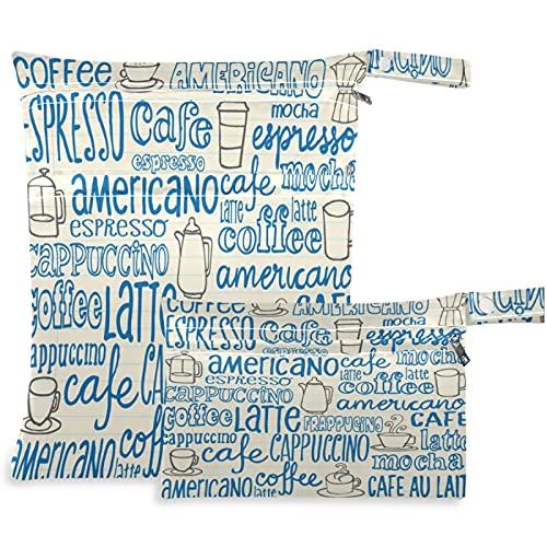 visesunny Doodle Coffee Icon Word 2 бр. Мокри чанта с джобове с цип, Моющаяся, Множество, Голям за Пътуване, плаж, басейн, детска градина, колички, Памперси, Мръсна спортни дрехи, Мокр
