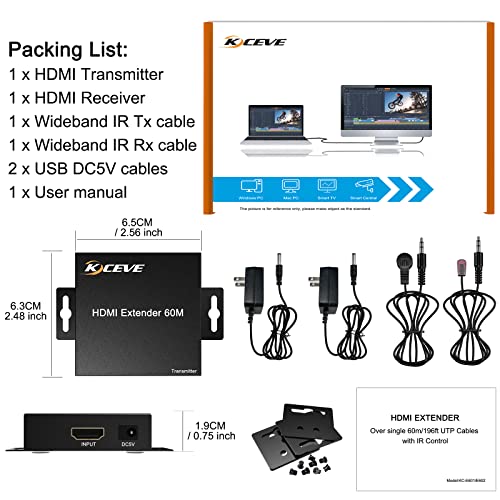 Удължител за HDMI, 60-метров удължител за HDMI (Tx + Rx) По един Ethernet кабел RJ-45 Cat6e Cat7 Предава до 60 м, поддържа 1080p, 3D, HDCP, с управлението на EDID и функция Loop Out, с адаптер за захранв