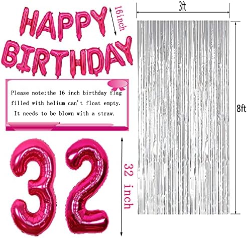 Комплект бижута Happy 32nd Brithday rose red розово -Банер Happy Brithday, балони с розово-червен номер 32, балони с конфети,