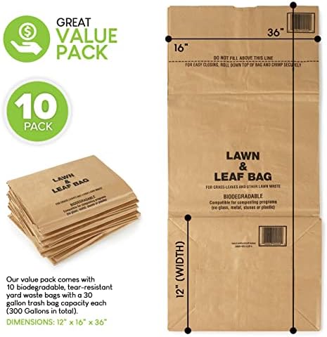 Крафт торби за косене на трева и листа обем 30 литра (10 опаковки) Екологични тежкотоварни големи хартиени торби за смет, Устойчиви на разкъсване, Двор торби за боклук
