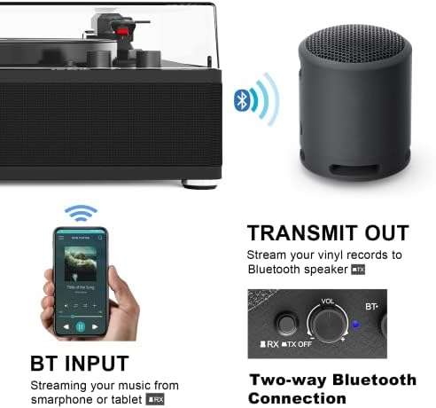 Плеър грамофонни плочи с Bluetooth говорители, Ретро плейър, безжичен, автоматично спиране, в пълен размер плоча, RCA
