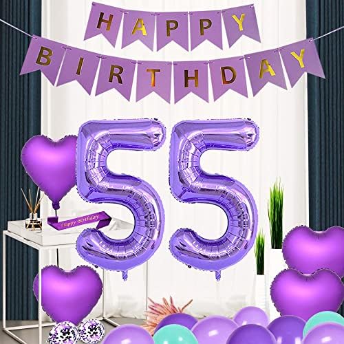 Лилаво 55-ия рожден ден Украси за Доставка Лилаво тема честит Рожден Ден на колан 40 инча Балони Балони Номер 55 Сърцето Балони балони Лилави Завеси Risehy