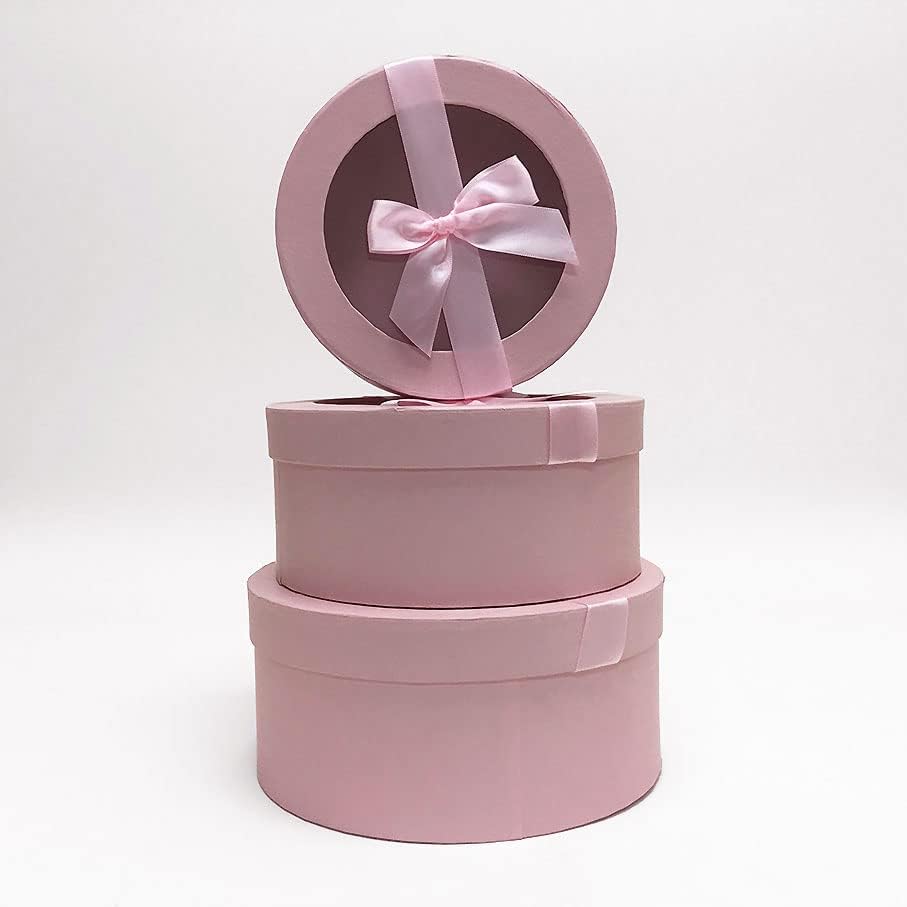 Подарък кутия CalCastle Занаятите розов цвят в кръгла цилиндрична опаковка с прозрачен капак и каишка от копринена розова лента