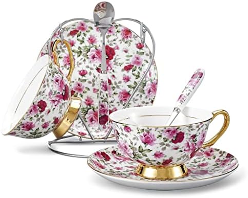 HOUKAI Цветя Модел на Европейският Стил на Костен Порцелан Следобеден Чай, Кафе, Чаша за Вино Комплект с Блюдцем