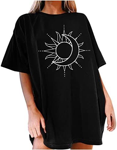 Реколта Тениски Оверсайз за Жени, Свободни Топове с изображение на Слънцето и Луната с Кръгло деколте, Ежедневни Летни