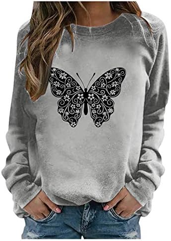 RMXEi Дамски Ежедневни Свободна Блуза с кръгло деколте и дълъг ръкав и Принтом Пеперуди, Тениска