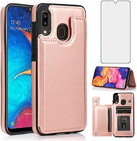 Asuwish е Съвместим с Samsung Galaxy A20 A30 Чанта-портфейл от закалено Стъкло, Защитно фолио за екрана, Държач за карти, Поставка, Сгъваеми Кожени Калъфи за Мобилни телефони Glaxay