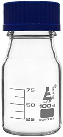 Флакон за реактиви EISCO, 100 мл - Прозрачен с тъмно Син капак на Винт - Бяла Класификация - Лаборатория Borosilicate стъкло