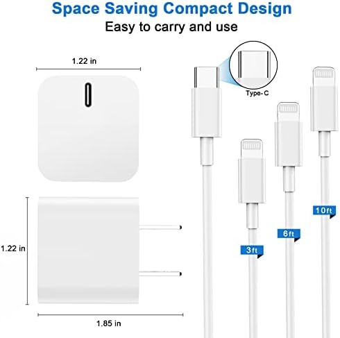 Бързо зарядно устройство за iPhone 14 13 12, 【Сертифицирано от Apple Пфи】 2 опаковки 20-ваттного блок на бързо зарядно устройство Type C с кабел USB C-Светкавица дължина 3 метра на