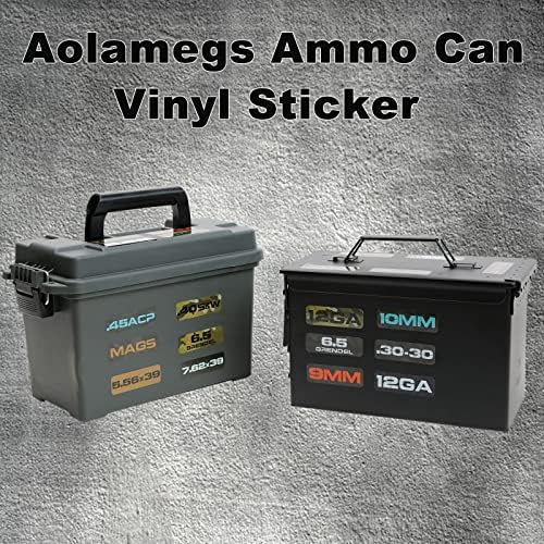 Комплект винилови стикери Aolamegs за кутии с боеприпаси, етикети калибър .22 .223 .308 9 мм и .380 .45 5,56 и 7,62 12GA 300BLK