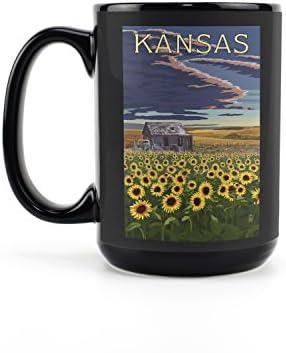 Фенер Press Канзас, Пшеничните полета, Хижа и Слънчогледи (Черна керамична чаша за кафе и чай по 15 унции, може
