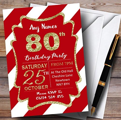 Червени Бели Диагонални Ивици, Златни Персонални Покани на Парти в чест на 80-годишнината