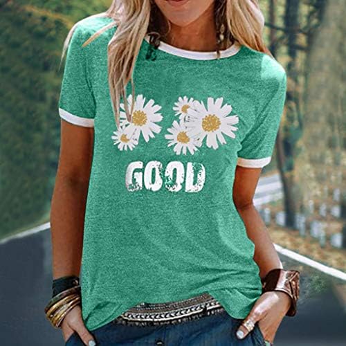 Тениска за жени, Модни Летни блузи с флорални принтом Маргаритки, Ежедневни Тениски с къс ръкав и кръгло деколте, Свободна