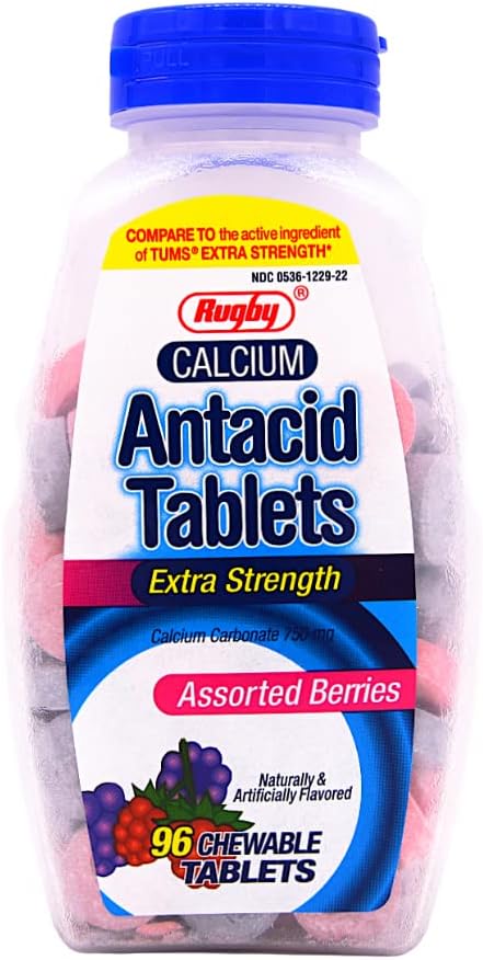 Ръгби Калциев карбонат 750 мг Антацидное лек - Плодове Асорти, 96 Дъвчащи таблетки