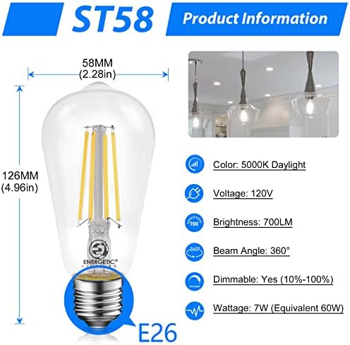 E ENERGETIC LIGHTING Led Лампи с нажежаема жичка ST18, Висока яркост, 7 W, Еквивалент на 60 W, ST58, Дневна светлина 5000