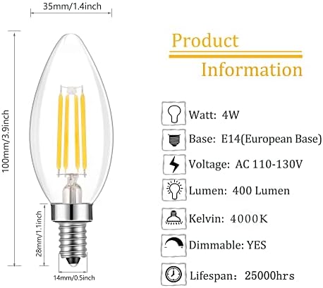 Led лампа Lamsky E14 с регулируема яркост, 110 400ЛМ, Еквивалент на 40 Вата, Неутрално Бяла 4000 До, led крушки в