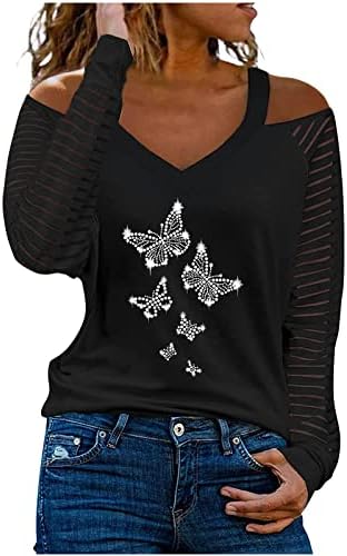 Блуза, Тениска за Жени Лято Есен Дрехи с Открити Рамене Модни Памучен Тениска с Дълъг Ръкав, V Образно деколте