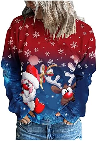Дамски Лъскава Тениска с изображение на Коледната Елха, на Ежедневните Свободни Горнища С Кръгло деколте и Дълъг