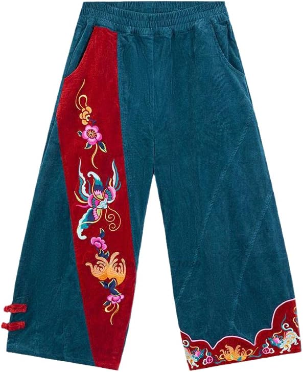 Национални Вельветовые Бродирани Цветя Традиционни Китайски Дамски Панталони с Широки Штанинами Ориенталски